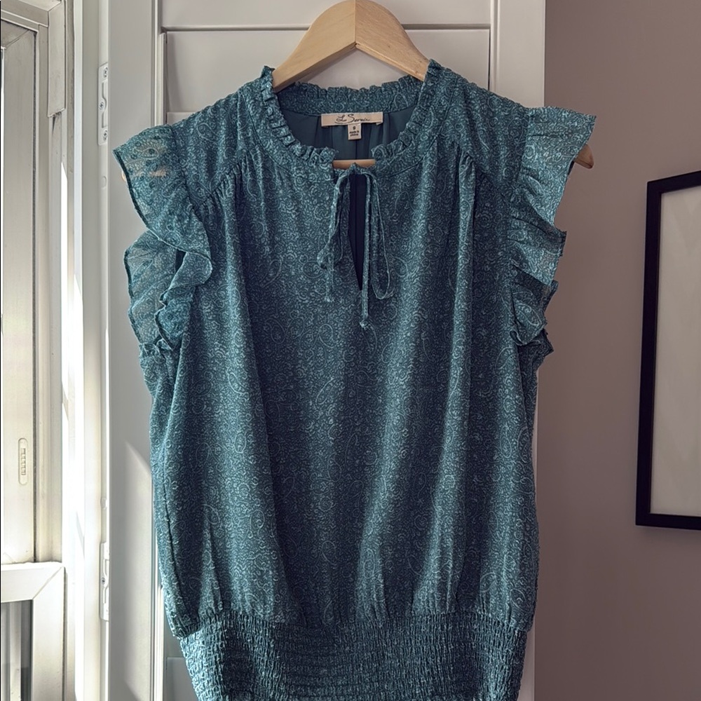 Green Ruffled Blouse with Tie Front and Mandarin Collar